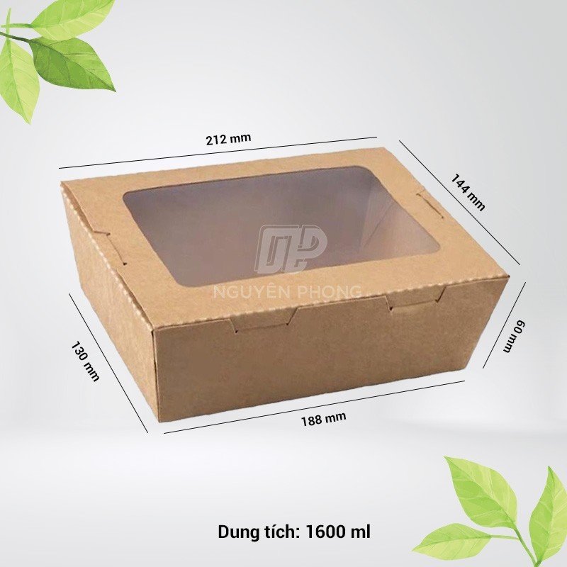 Hộp giấy nắp cửa sổ: chọn cỡ 700ml, 900ml, 1200ml hay 1600ml cho bánh, salad, cơm phần trưng bày 7 Hộp giấy nắp cửa sổ 1600ml miệng 212 x 144mm cao 60mm