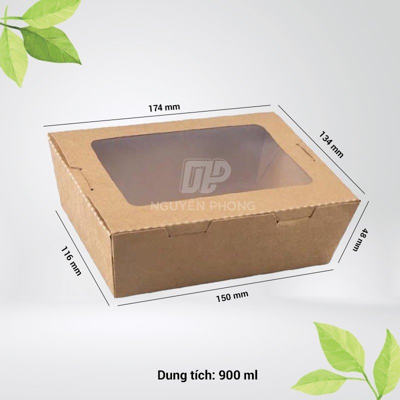 Hộp giấy nắp cửa sổ: chọn cỡ 700ml, 900ml, 1200ml hay 1600ml cho bánh, salad, cơm phần trưng bày 6 Hộp giấy nắp cửa sổ 900ml miệng 174 x 134mm