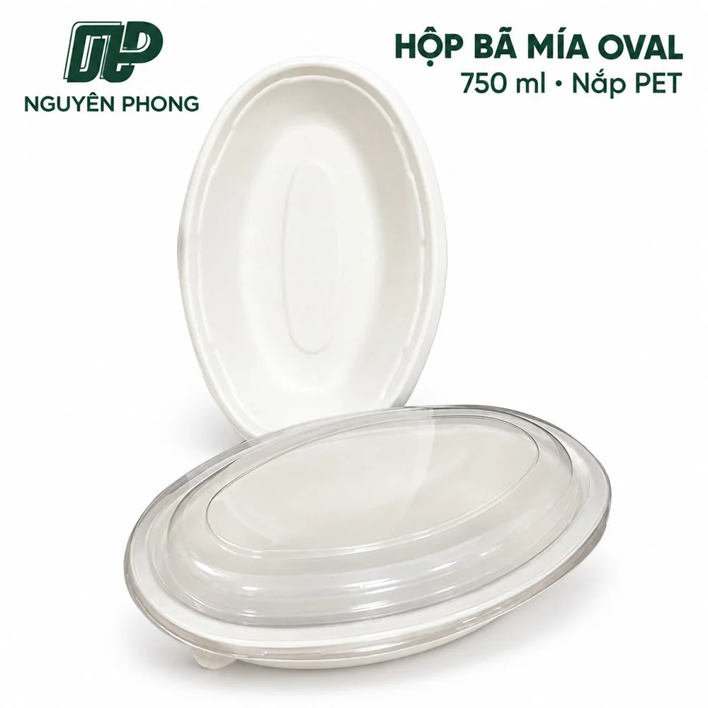 Hộp bã mía 1 ngăn và tô bã mía: chọn cỡ 350ml đến 1100ml cho xôi, cơm, bún, poke mang đi 6 Hộp bã mía oval 750ml trắng ngà với nắp PET trong ôm khít