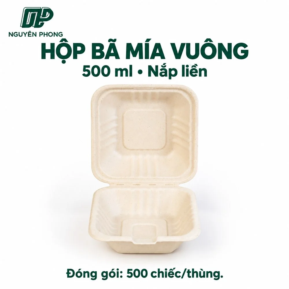 Hộp bã mía 1 ngăn và tô bã mía: chọn cỡ 350ml đến 1100ml cho xôi, cơm, bún, poke mang đi 3 Hộp bã mía vuông 500ml nắp liền, dáng hộp burger, đóng gói 500 chiếc mỗi thùng