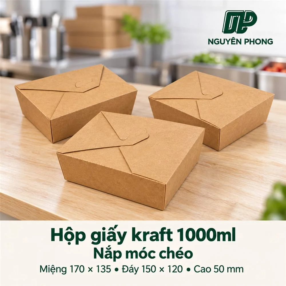 Ba hộp giấy kraft 1000ml nắp móc chéo đã gài nắp, sẵn sàng giao mang đi