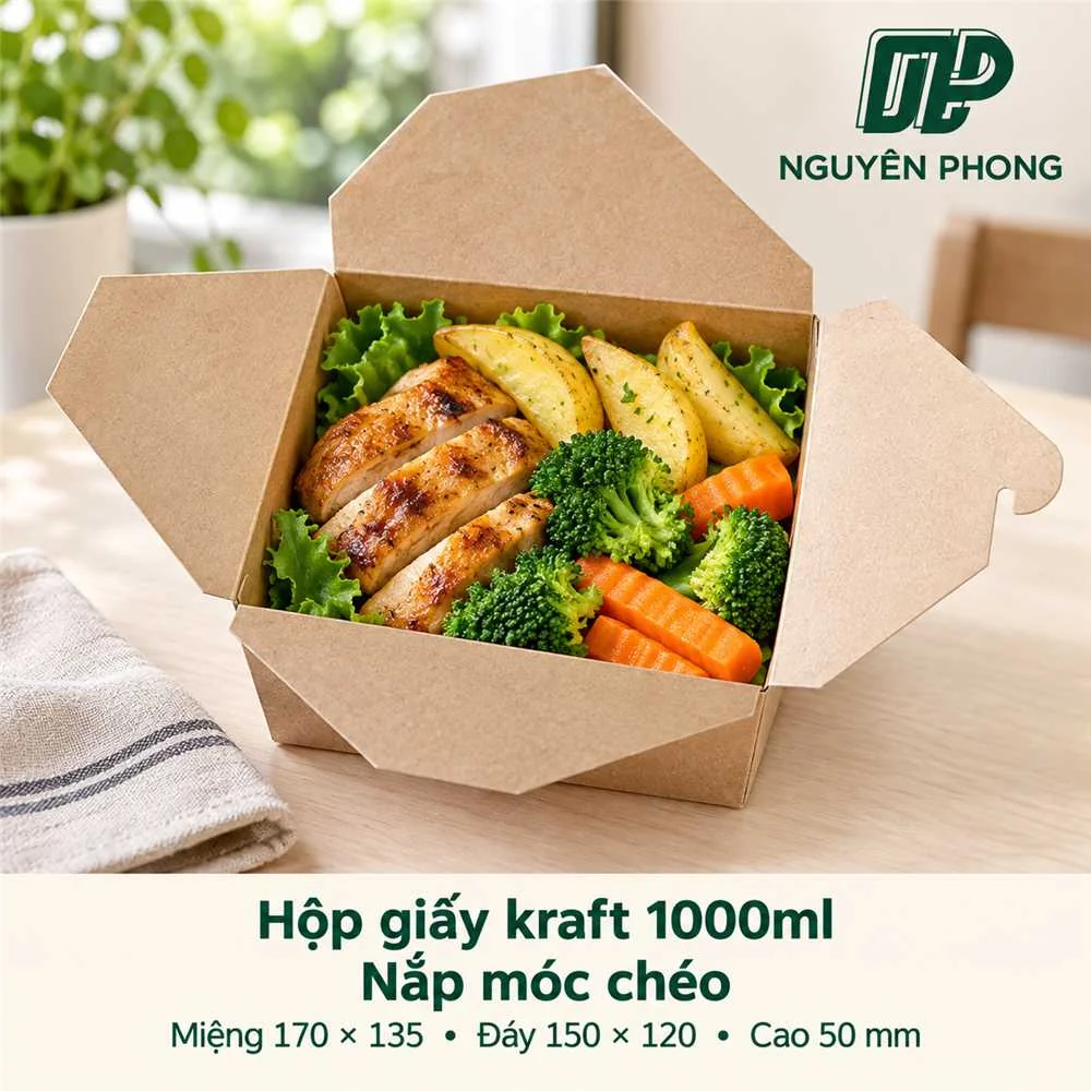 Lỗi hay gặp khi đóng gói đồ ăn mang đi bằng hộp, tô, túi giấy: tràn nước, ỉu món, bung nắp và cách xử lý 6 Hộp giấy kraft 1000ml nắp móc chéo đựng gà nướng và rau củ