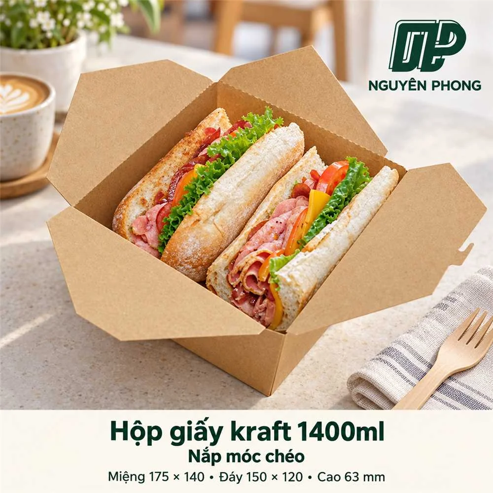Hộp giấy kraft 1400ml nắp móc chéo đựng sandwich cắt đôi có rau và thịt nguội