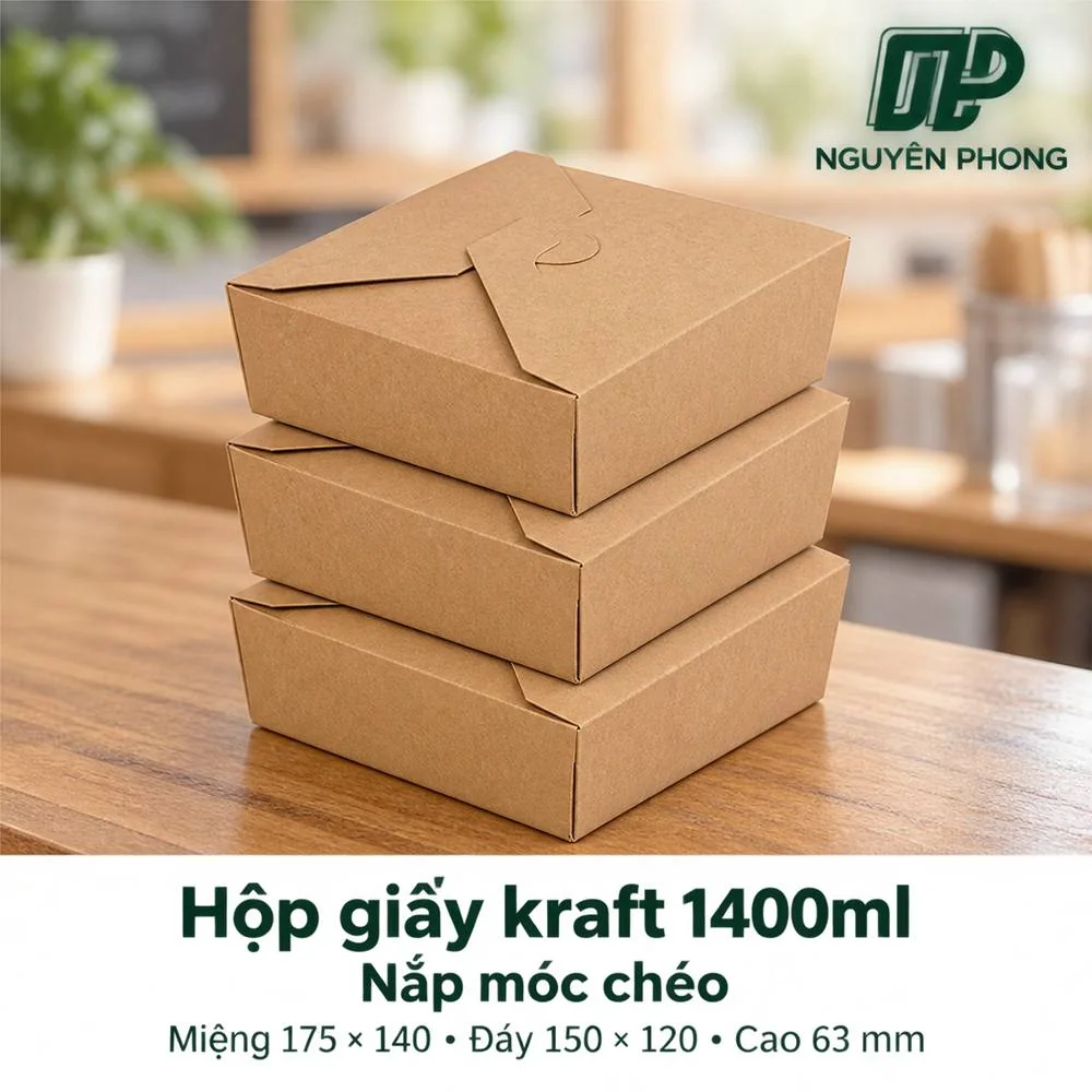 Ba hộp giấy kraft 1400ml nắp móc chéo xếp chồng lên nhau trên bàn