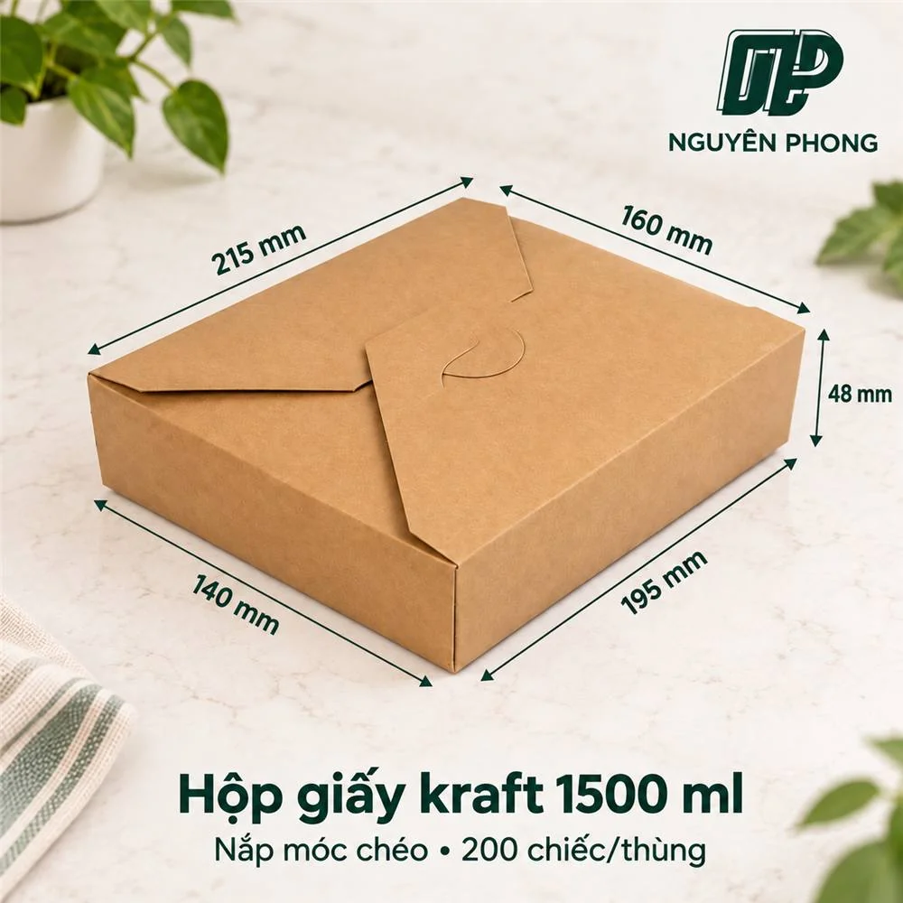 Kích thước hộp giấy kraft 1500ml nắp móc chéo miệng 215 x 160 mm, đáy 195 x 140 mm, cao 48 mm