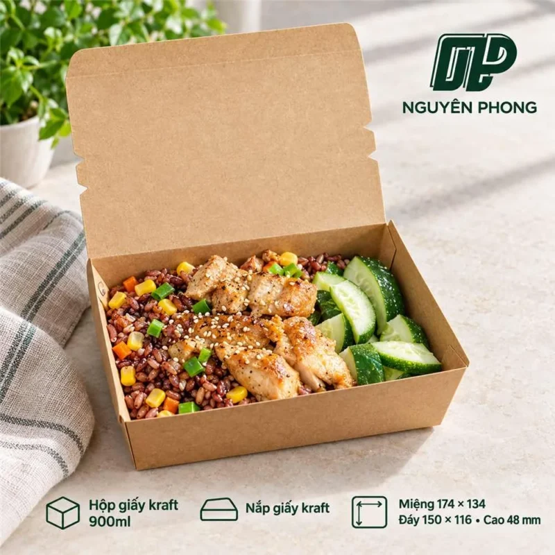 Hộp giấy Kraft 900ml nắp gap full