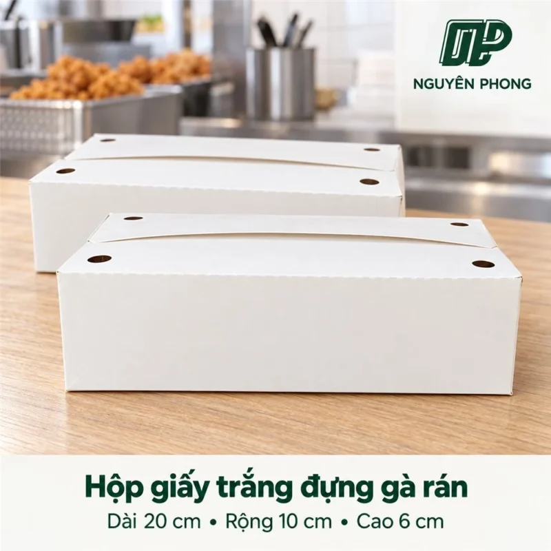 Hộp giấy đựng gà rán, đồ chiên: chọn hộp nắp liền 450ml–900ml, hộp 20x10x6cm hay hộp mẹt gà 31x31cm 1 Hộp giấy trắng đựng ga ran