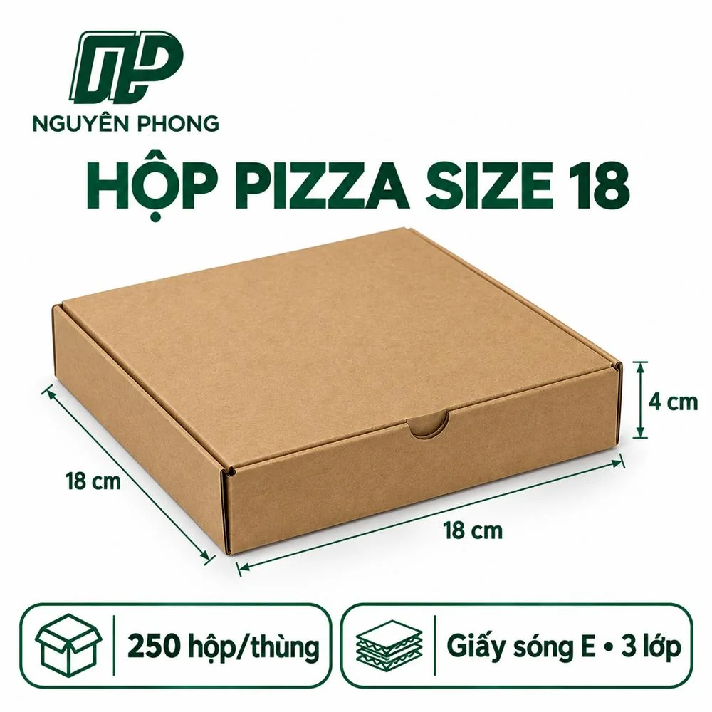 Hộp pizza size 18 kích thước 18 x 18 x 4cm giấy sóng E 3 lớp