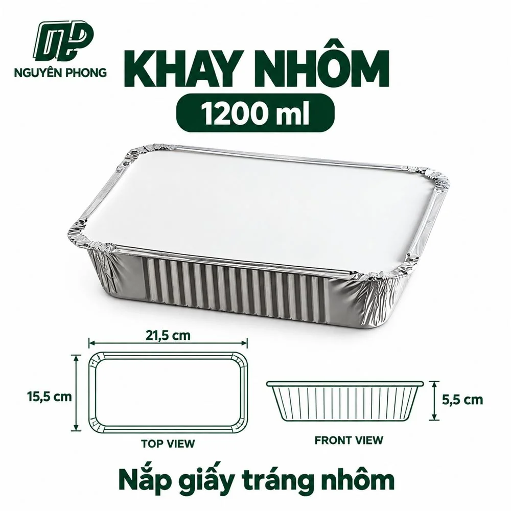 Khay nhôm 1200ml nắp giấy tráng nhôm kích thước 21,5 x 15,5 x 5,5 cm