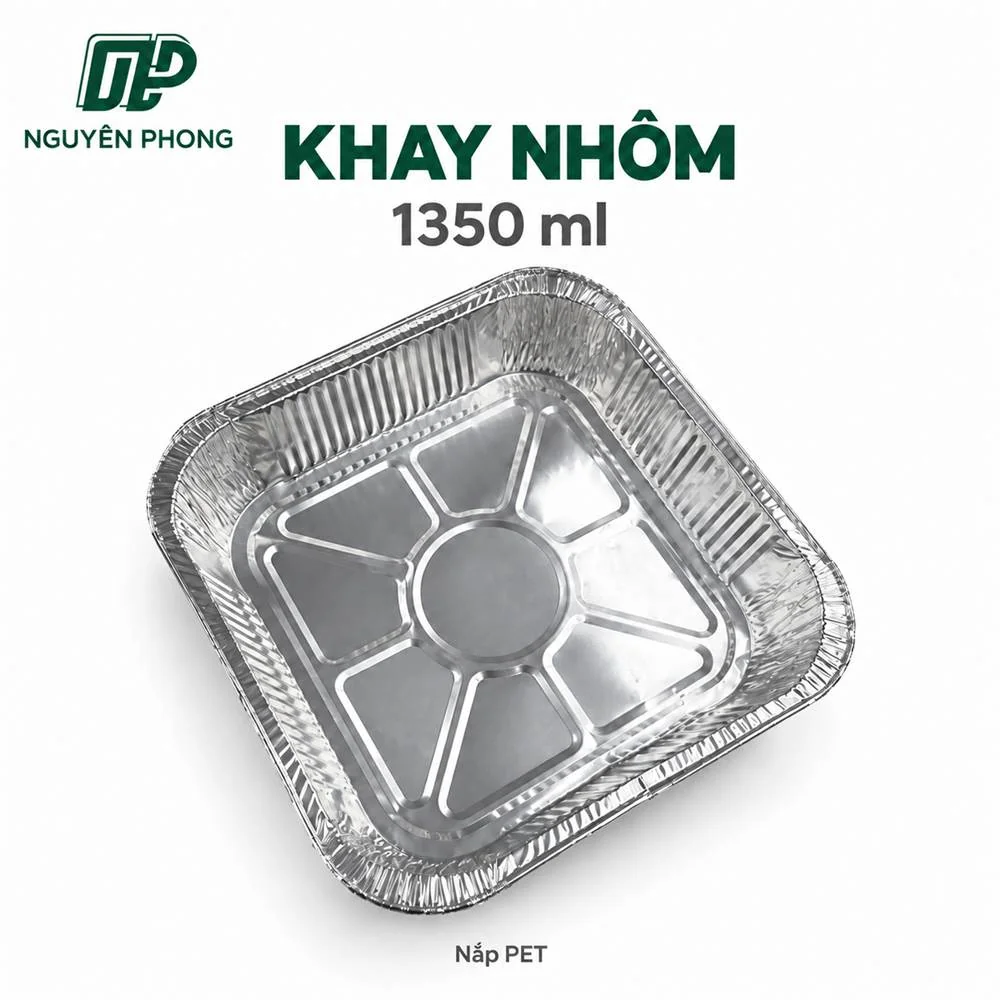 Khay nhôm vuông 1350ml nắp PET lòng sâu