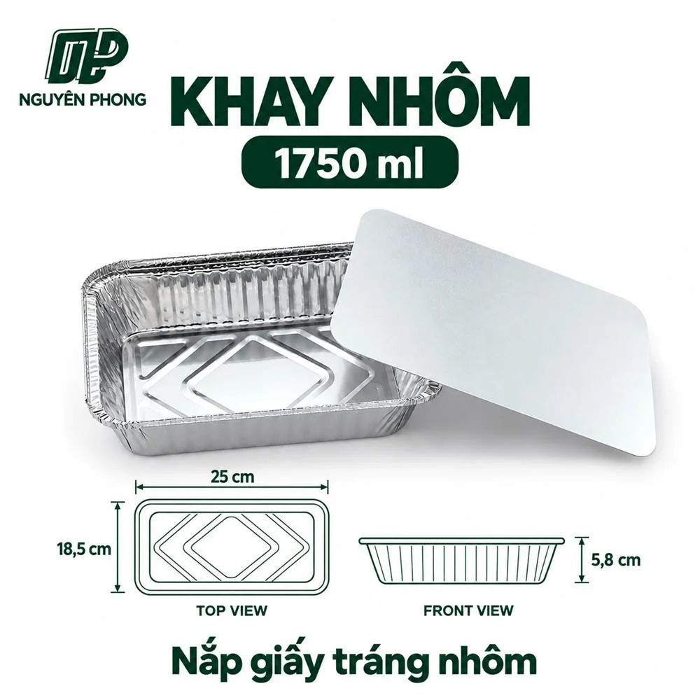 Khay nhôm 1750ml nắp giấy tráng nhôm kích thước 25 x 18,5 x 5,8 cm