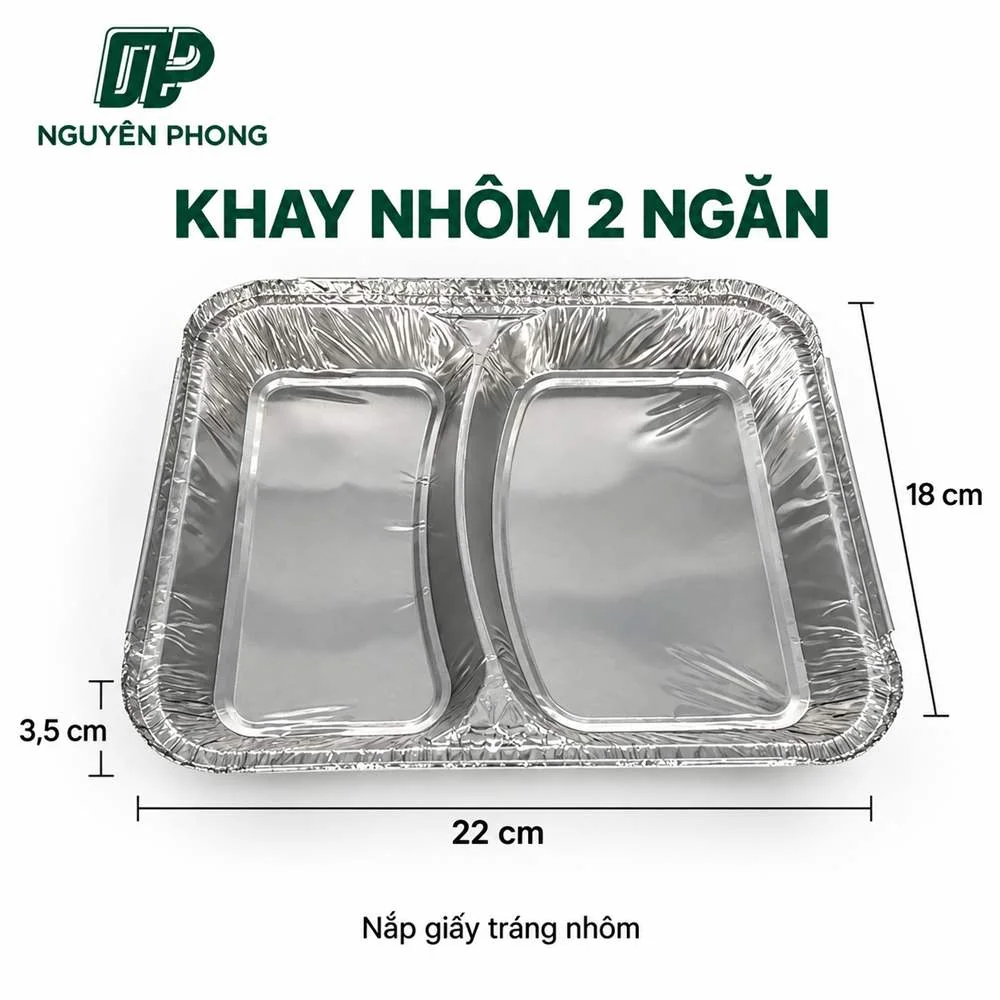 Khay nhôm 2 ngăn nắp giấy tráng nhôm kích thước 22 x 18 x 3,5 cm