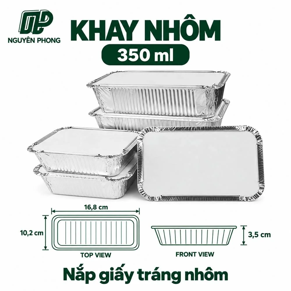 Khay nhôm 350ml nắp giấy tráng nhôm kích thước 16,8 x 10,2 x 3,5 cm