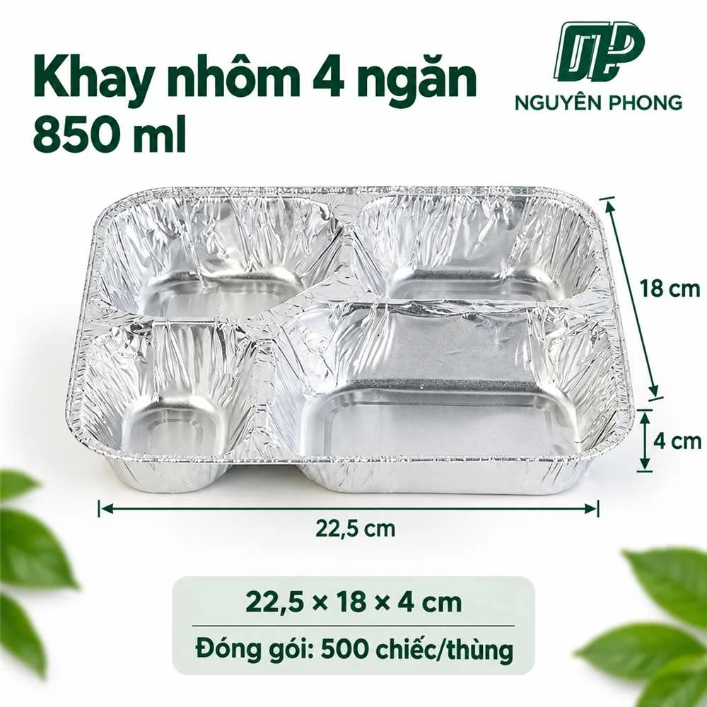 Khay nhôm 4 ngăn 850ml kích thước 22,5 x 18 x 4 cm