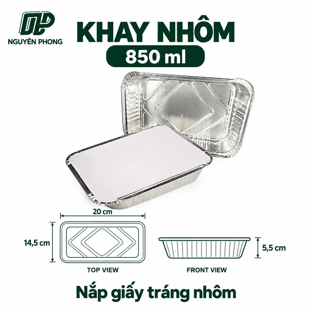 Khay nhôm 850ml nắp giấy tráng nhôm kích thước 20 x 14,5 x 5,5 cm