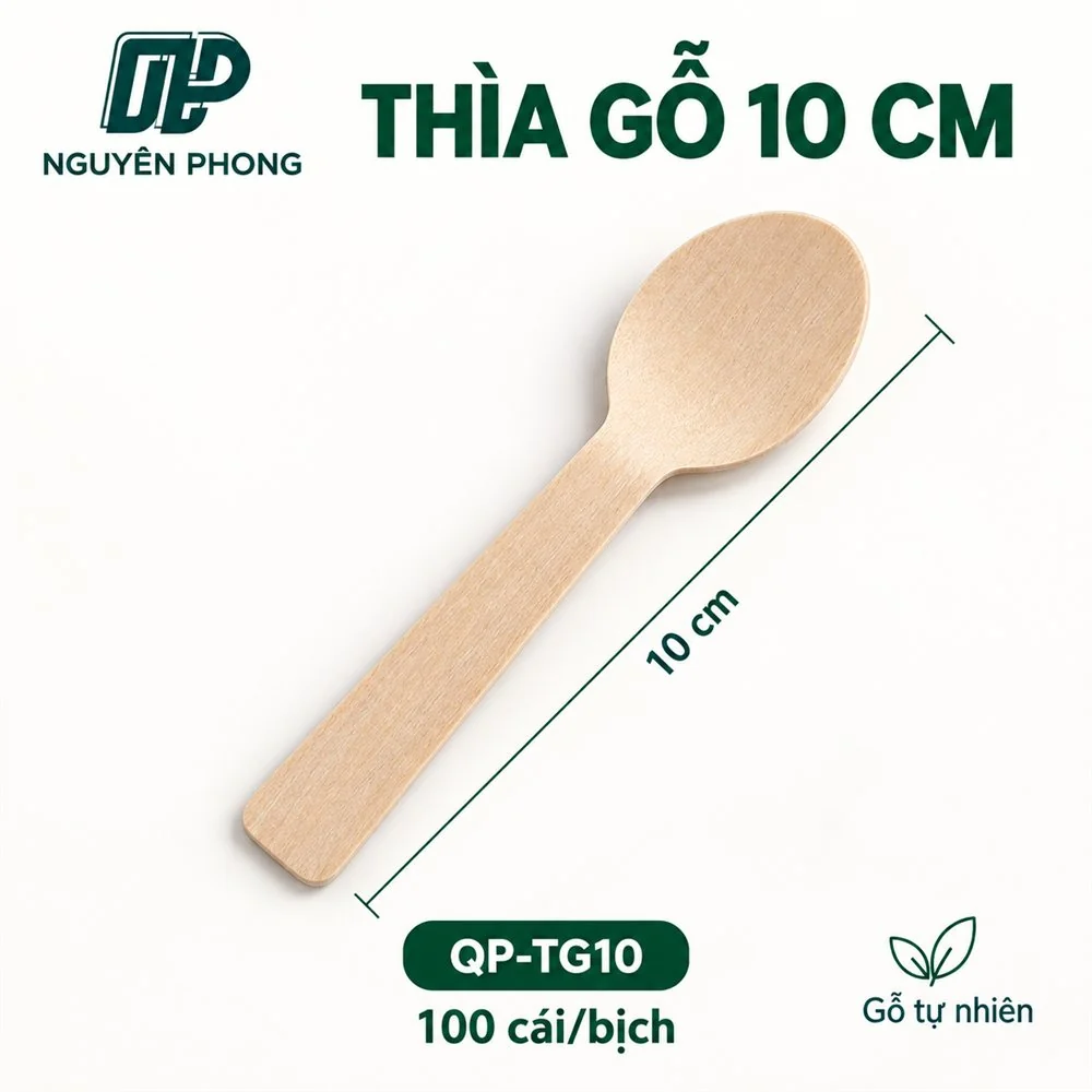 Thìa gỗ 10cm Nguyên Phong có ghi kích thước