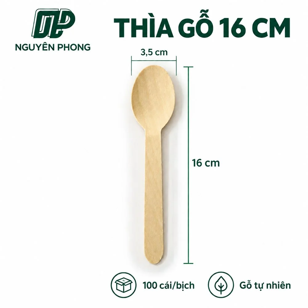 Thìa gỗ 16cm Nguyên Phong có ghi kích thước