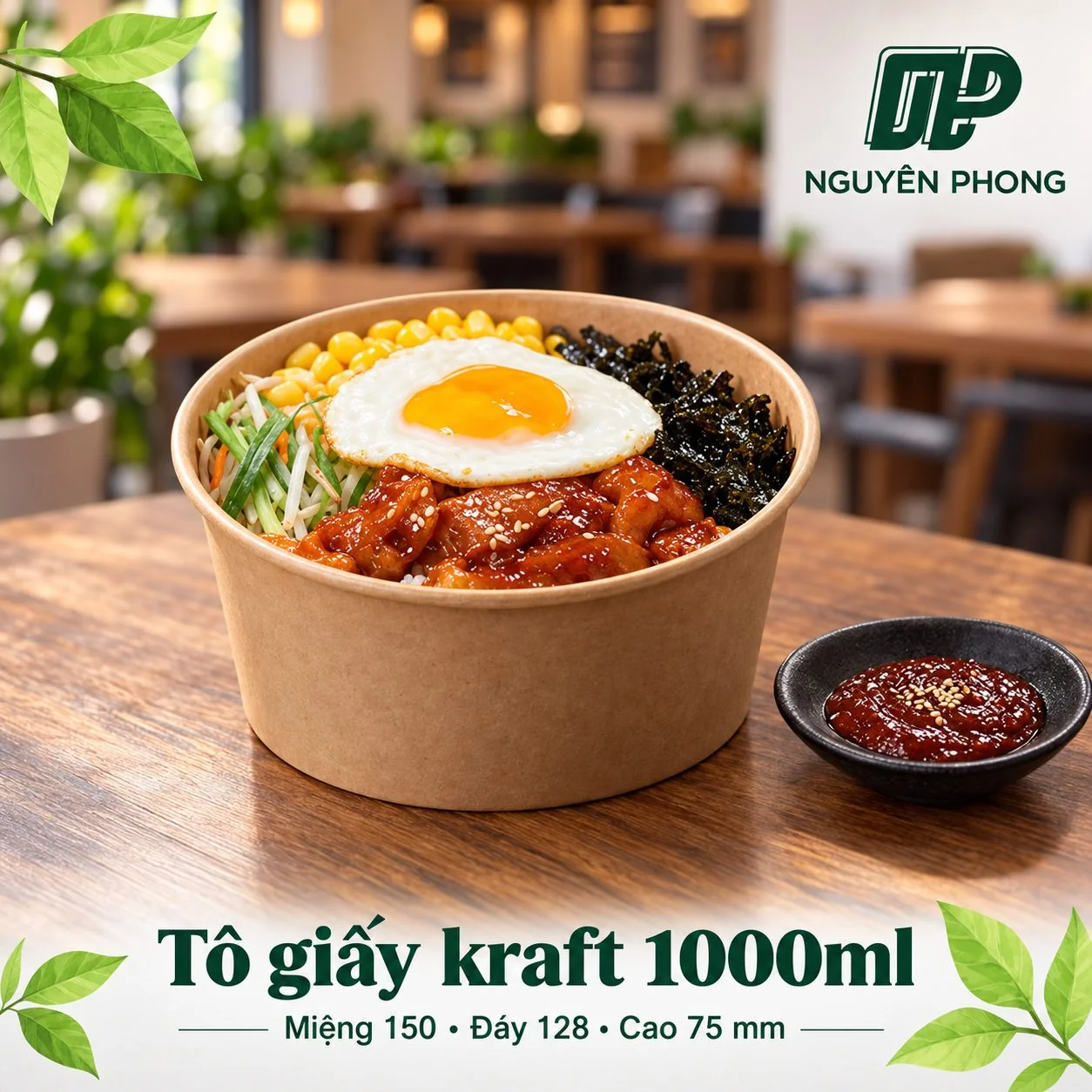 Lỗi hay gặp khi đóng gói đồ ăn mang đi bằng hộp, tô, túi giấy: tràn nước, ỉu món, bung nắp và cách xử lý 10 Tô giấy kraft 1000ml đựng cơm trộn kèm sốt để riêng