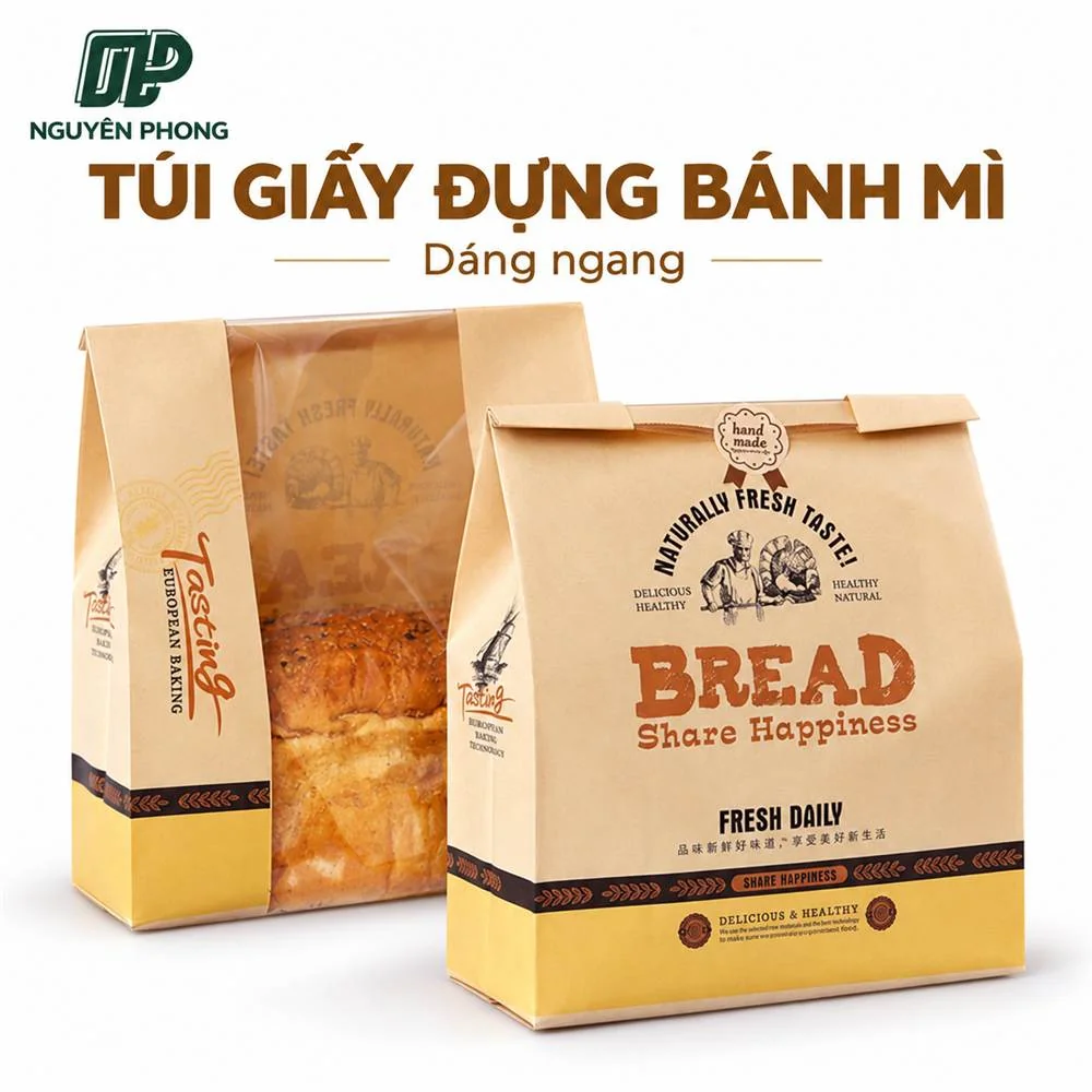 Túi giấy đựng bánh mì chống dầu dáng ngang 3 Túi giấy đựng bánh mì chống dầu dáng ngang thiết kế tiện lợi