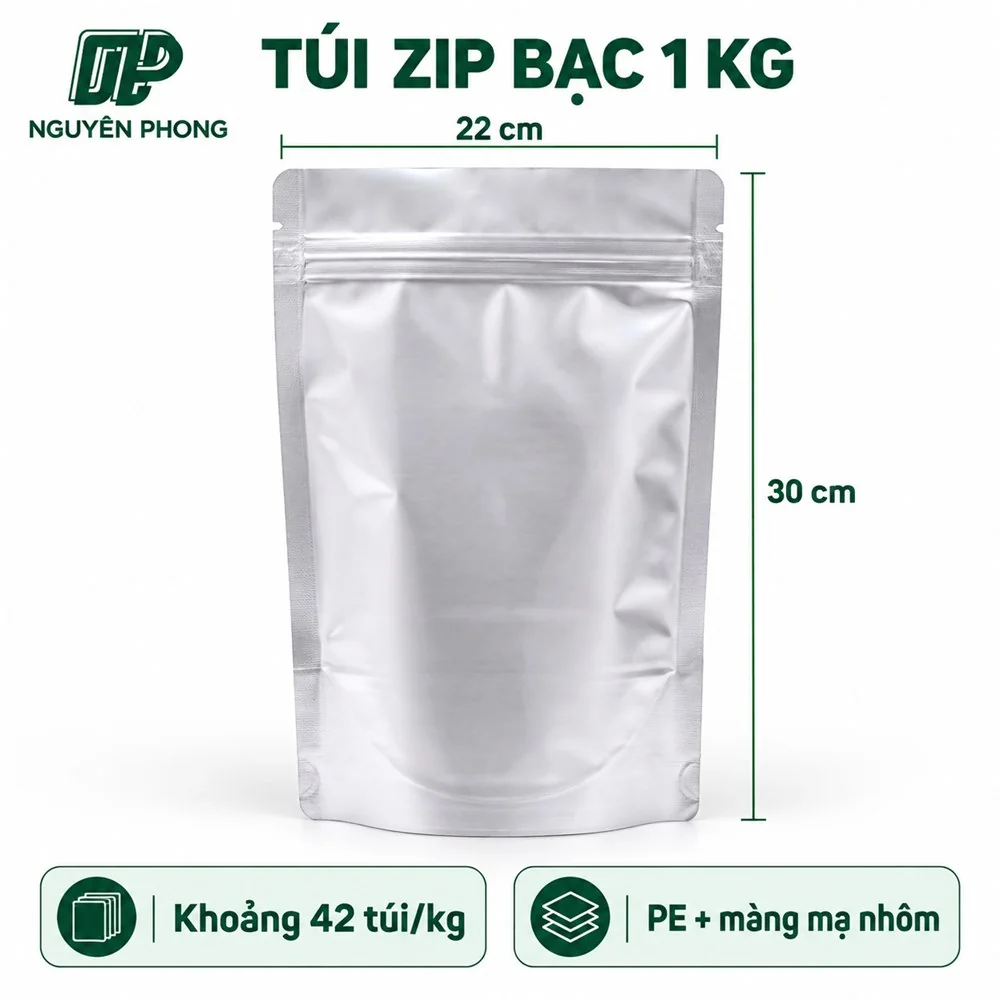 Túi zip bạc hay túi zip giấy kraft: chọn loại nào cho cà phê, trà, hạt, đồ khô bán mang về 11 Túi zip bạc 1kg kích thước 22 x 30cm