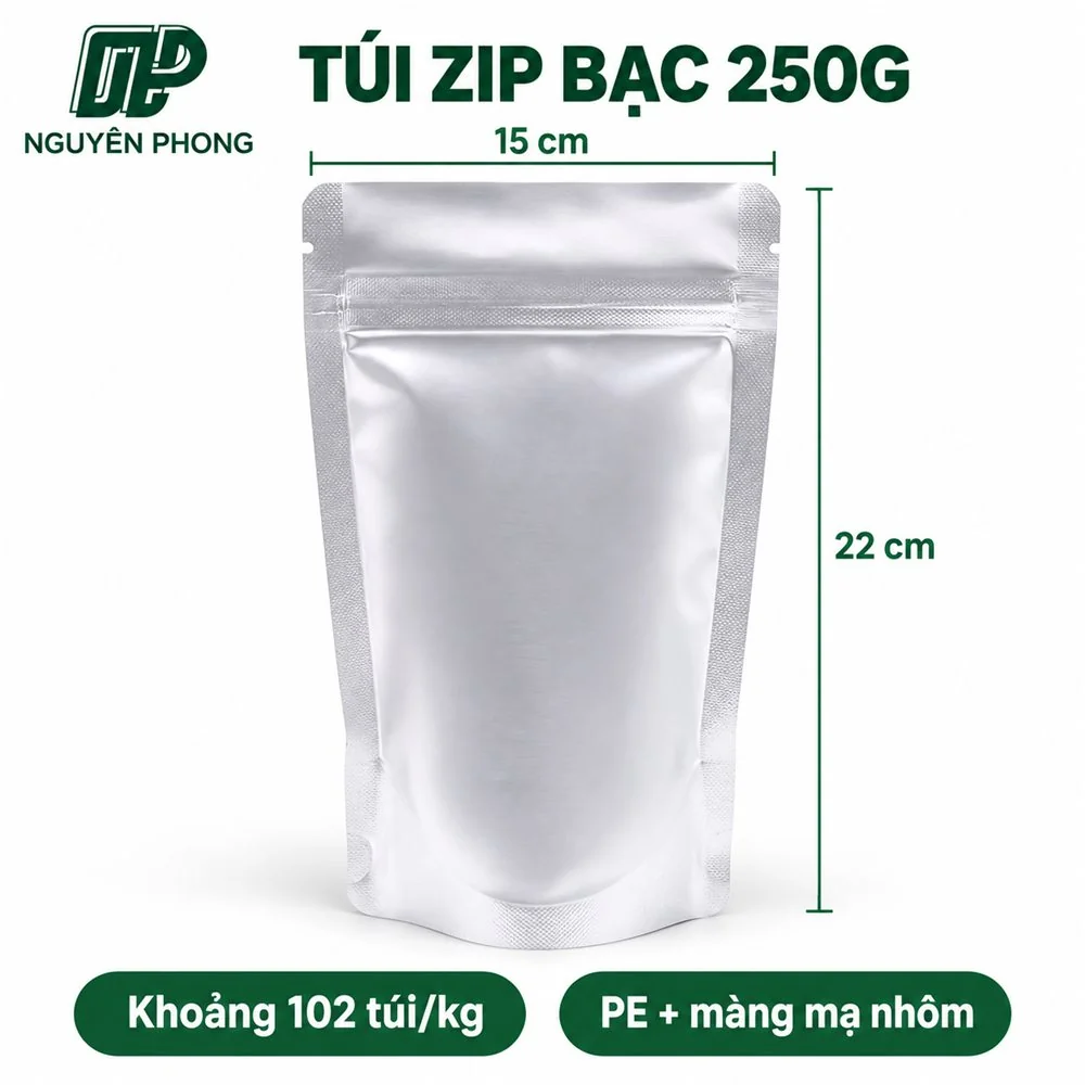 Túi zip bạc hay túi zip giấy kraft: chọn loại nào cho cà phê, trà, hạt, đồ khô bán mang về 2 Túi zip bạc 250g kích thước 15 x 22cm chất liệu PE và màng mạ nhôm