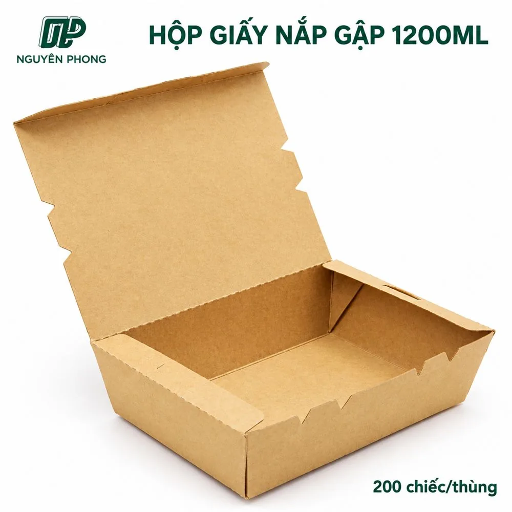 Hộp giấy nắp gập 1200ml mở nắp, thấy rõ lòng hộp và tai gài nắp