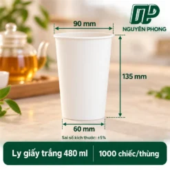 Ly giấy trắng 480ml Nguyên Phong – miệng 90mm, đáy 60mm, cao 135mm, 1.000 chiếc/thùng