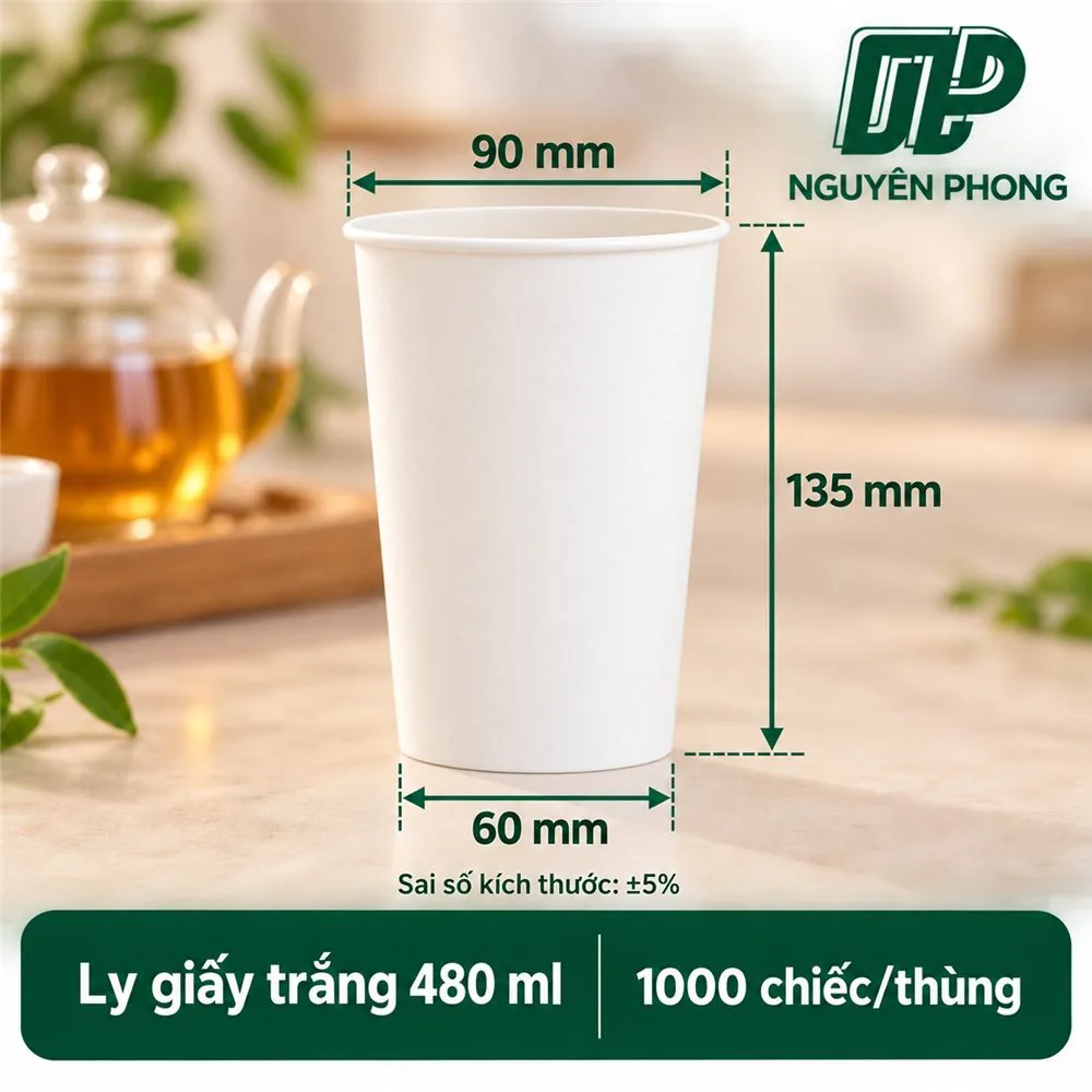 Ly giấy trắng 480ml 4 Ly giấy trắng 480ml Nguyên Phong – miệng 90mm, đáy 60mm, cao 135mm, 1.000 chiếc/thùng